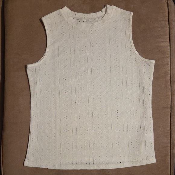 Tops - Sleeveless Cream Knit Eyelet Tank Top
